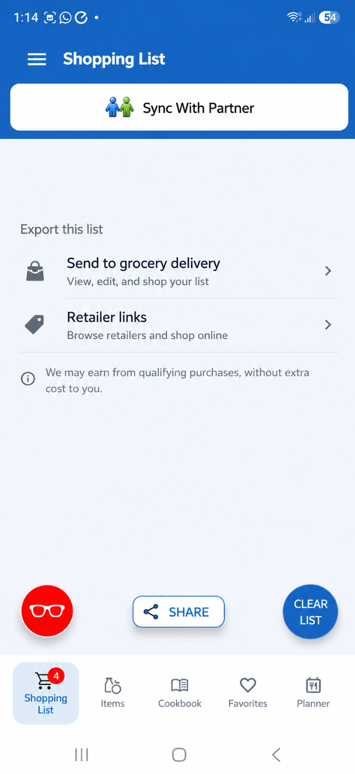 Dinner123 exporting a shopping list to a grocery delivery service