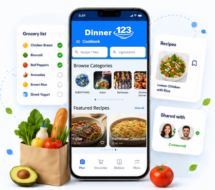 The Dinner123 app on a phone with groceries and recipe ideas