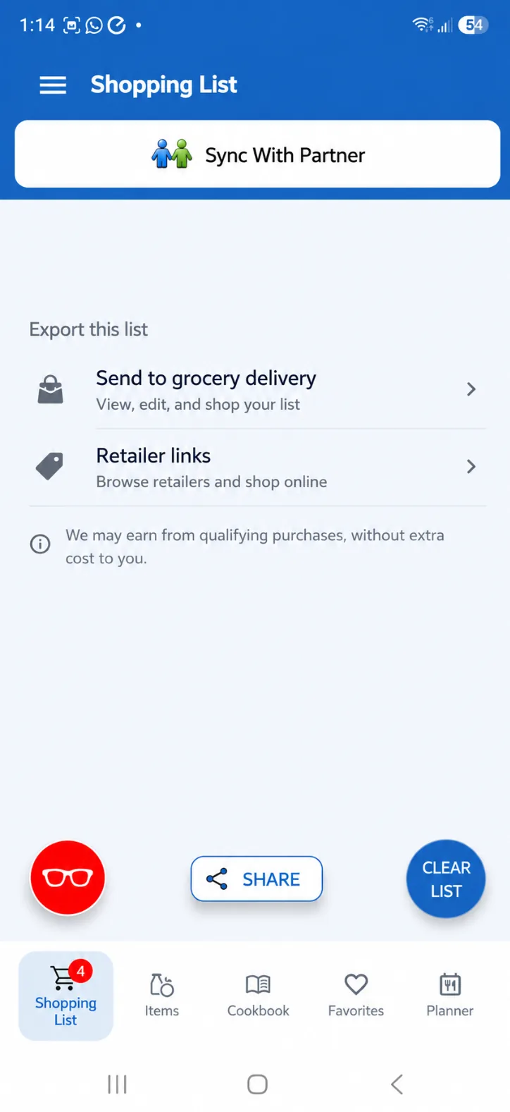 Dinner123 exporting a grocery list to a grocery delivery service