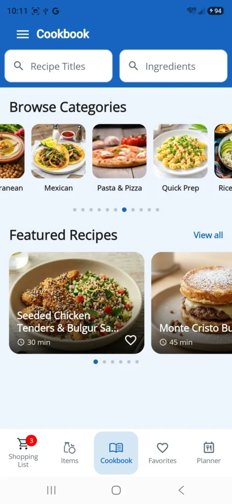 Dinner123 Cookbook screen with recipe search and browse categories