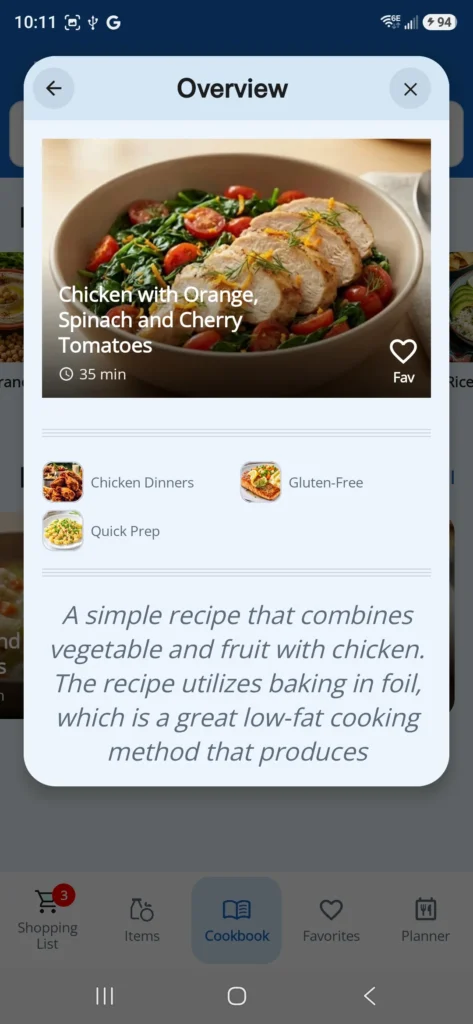 Dinner123 recipe overview screen with a chicken dinner and category tags