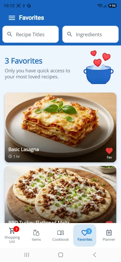 Dinner123 Favorites screen with saved recipes