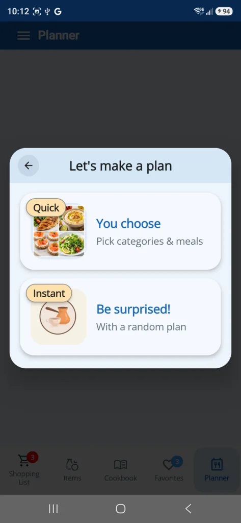 Dinner123 Planner screen offering a guided or surprise meal plan