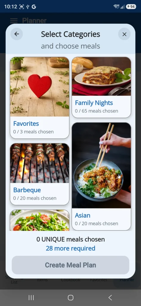 Dinner123 Select Categories screen for building a meal plan