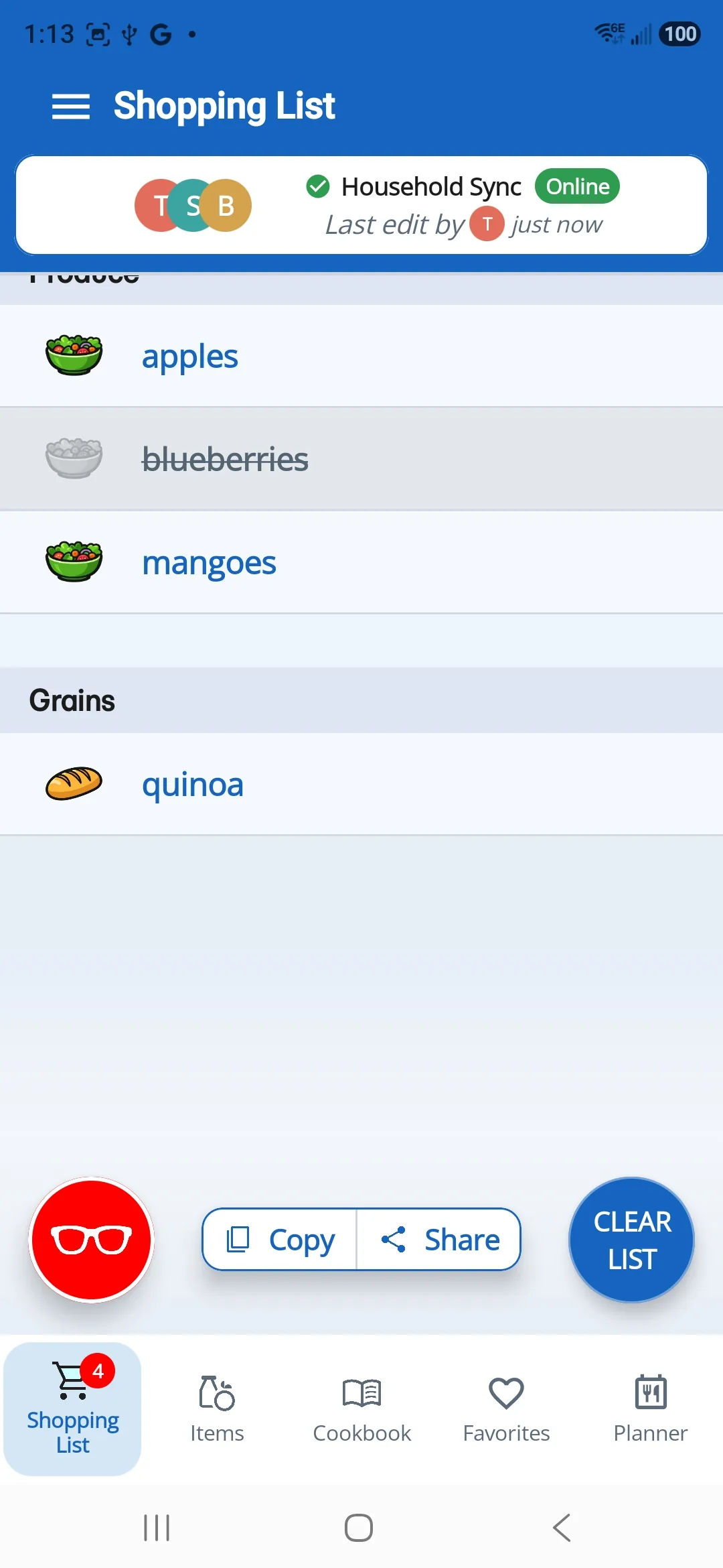 Dinner123 grocery list with household sync and grouped grocery items