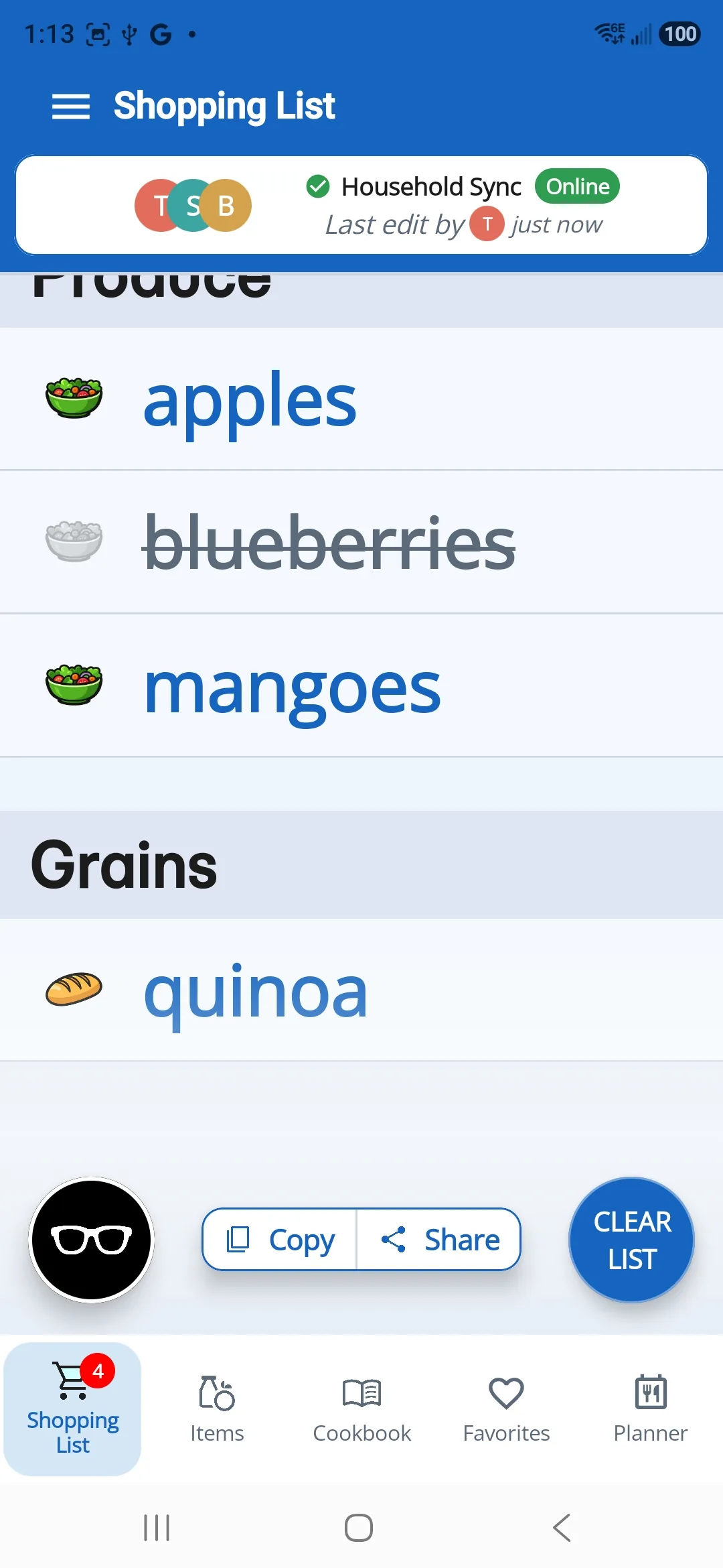 Dinner123 grocery list shown with large accessible text