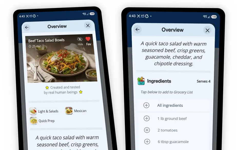 Dinner123 app screens showing a beef taco salad recipe overview and its ingredient list