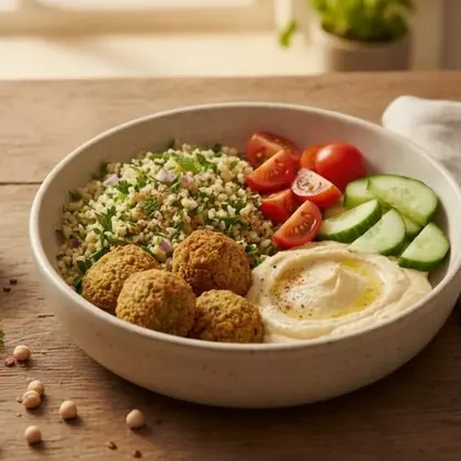 Falafel and tabbouleh bowl with hummus, cucumber and cherry tomatoes