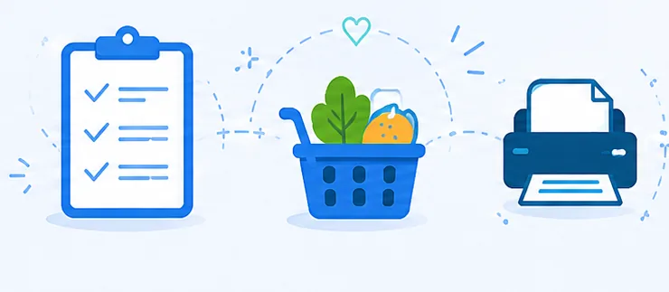 Free meal planning tools — printable checklist, grocery basket and printer
