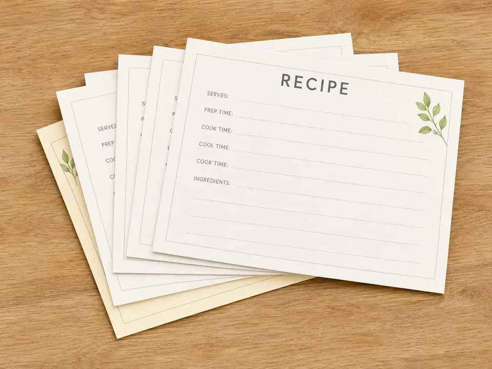Stack of blank printable 4x6 recipe card templates with a leaf design on a wooden table