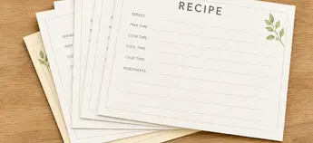 Stack of blank printable 4x6 recipe card templates on a wooden board