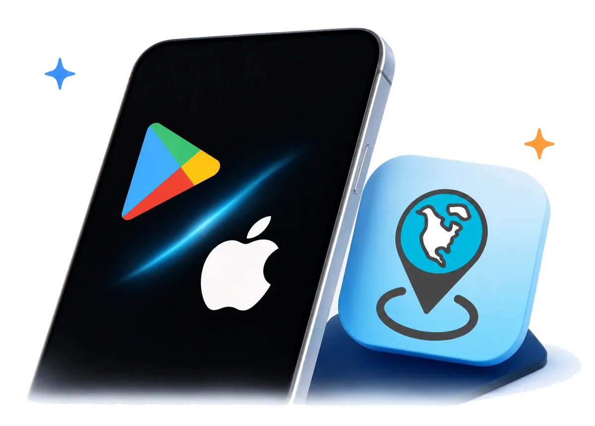 Geomorpho apps on Google Play and the Apple App Store, shown on a smartphone beside the Geomorpho location-pin app icon