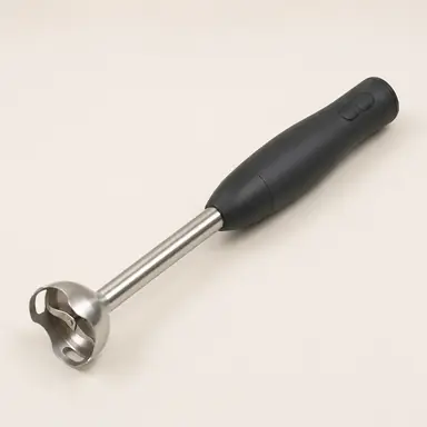 Stainless steel immersion blender with a black handle and blade guard