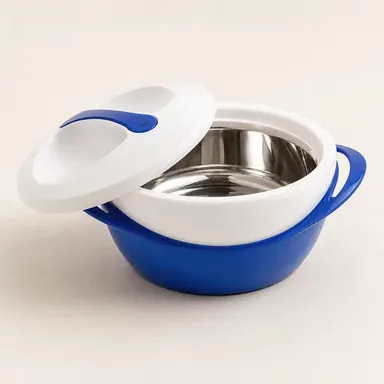 Insulated serving bowl with the lid removed beside it