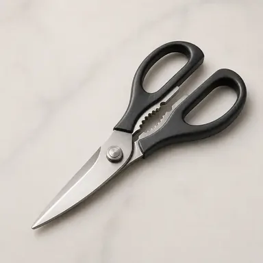 Stainless steel kitchen shears with black handles