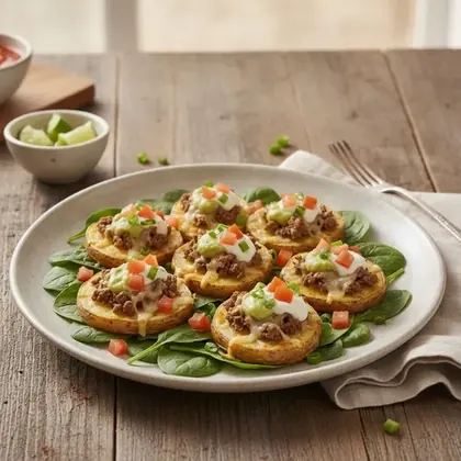 Loaded potato nacho plates topped with ground beef, melted cheese, tomato and guacamole