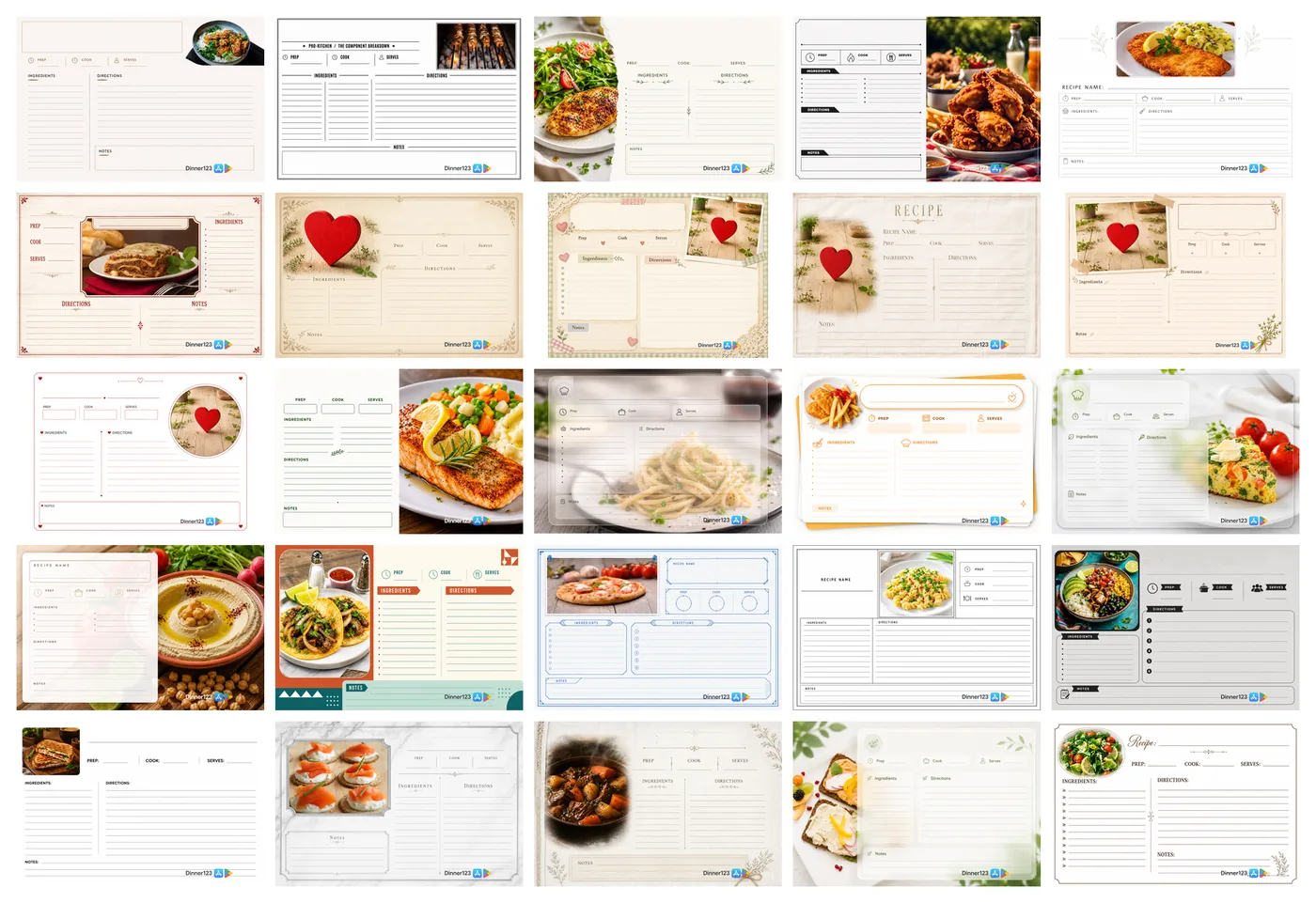 All 25 Dinner123 Category Card designs