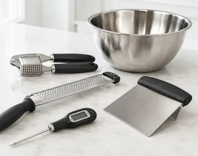 Garlic press, fine grater, instant-read thermometer, bench scraper and stainless steel mixing bowl on a marble counter