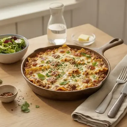 Skillet lasagna topped with melted cheese and fresh basil in a cast-iron pan
