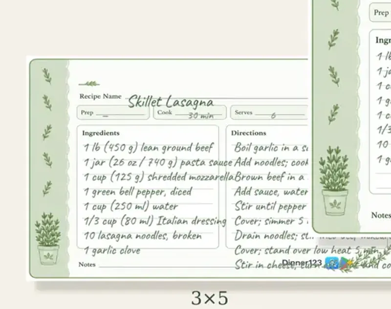 A 3x5 recipe card holding a full recipe, shown at true relative size next to the larger card sizes