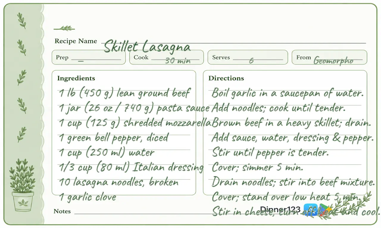 Skillet Lasagna overflowing the writing space on a 3x5 botanical recipe card