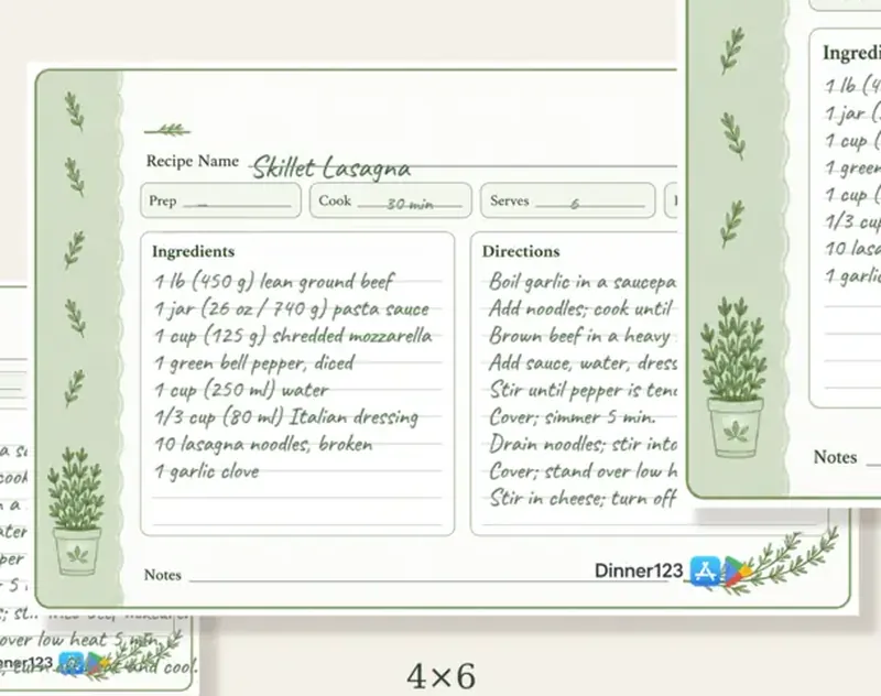 Fanned stack of blank printable 4x6 recipe card templates on a wooden table
