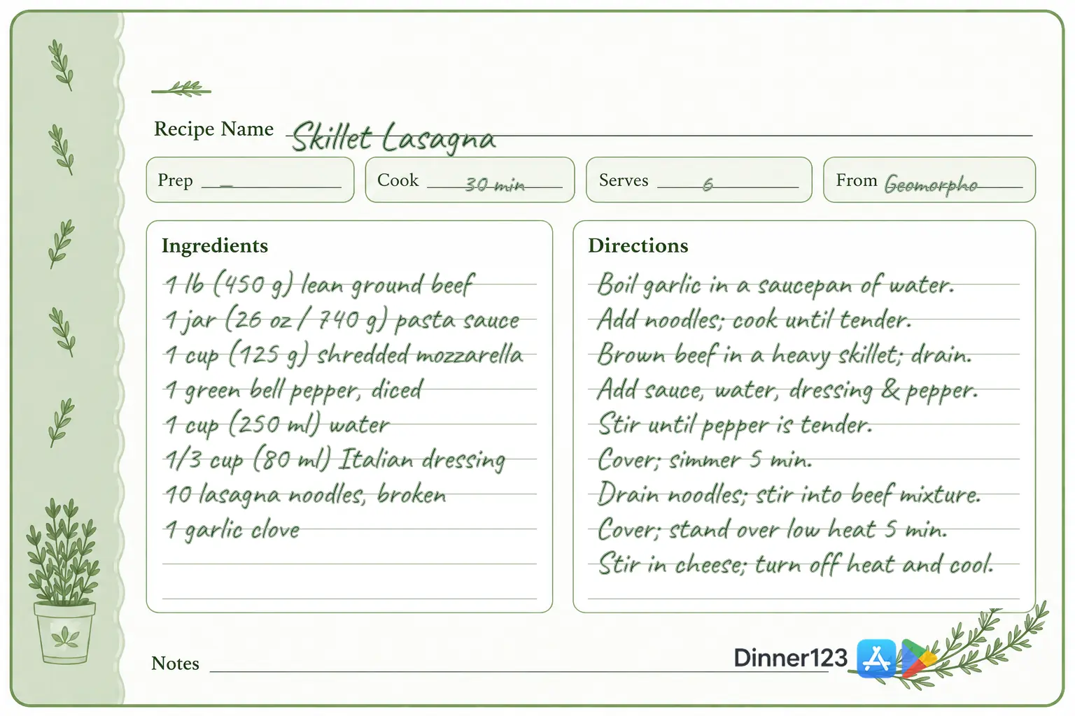 Skillet Lasagna fitting comfortably on a 4x6 botanical recipe card