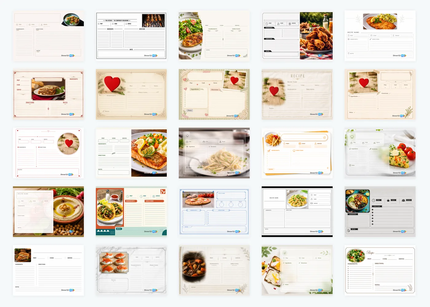 All 25 5×7 Dinner123 Category Cards designs