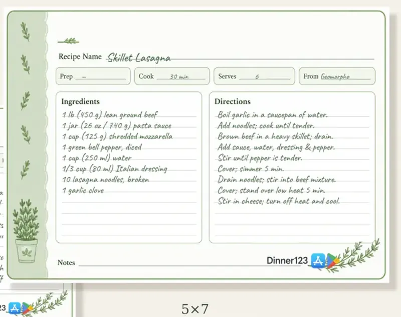 A 5x7 recipe card holding a full recipe, shown at true relative size next to the smaller card sizes