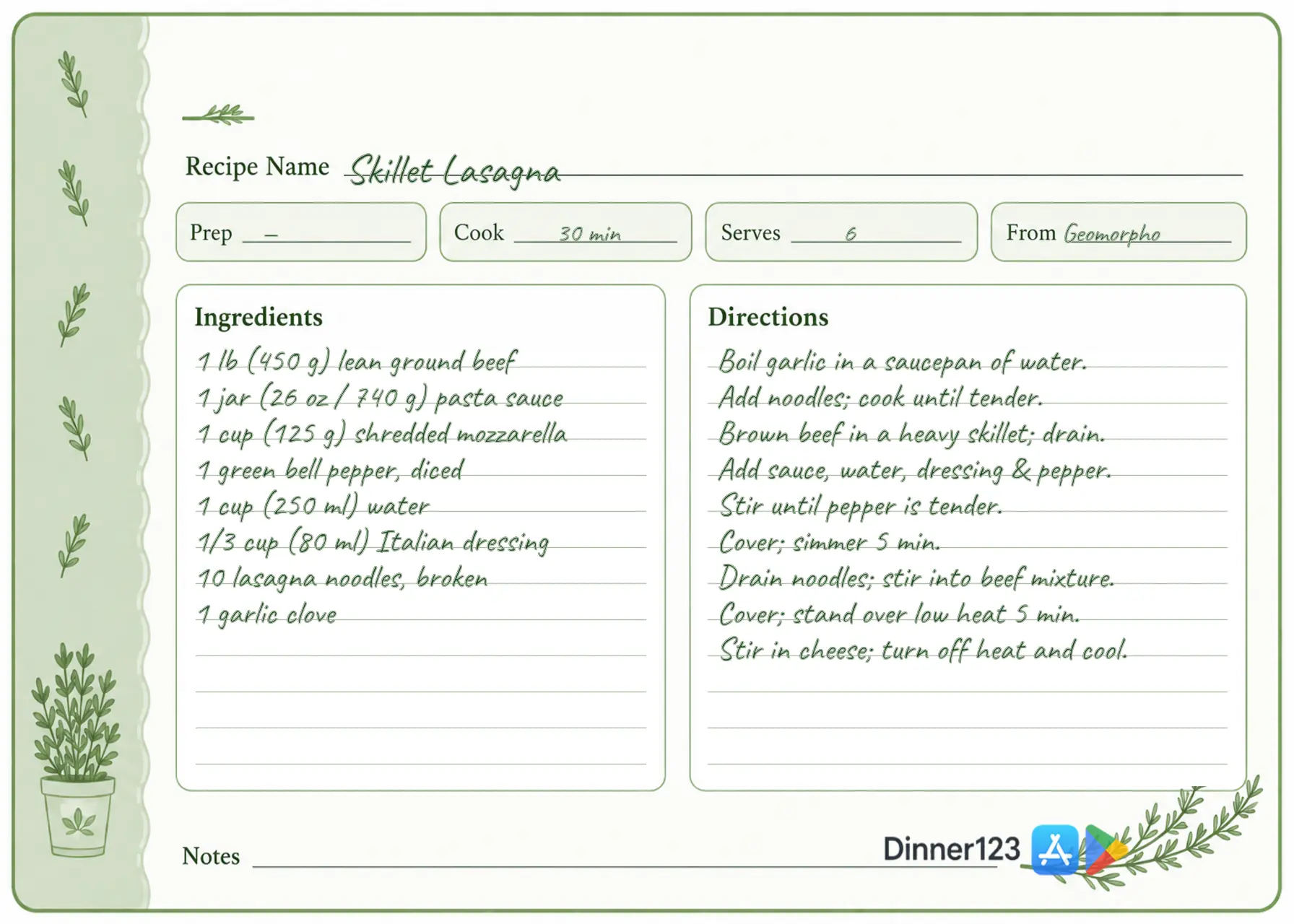 Skillet Lasagna with generous writing space on a 5x7 botanical recipe card