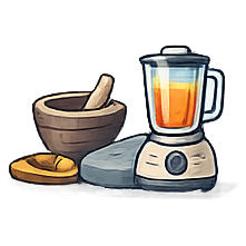 Early electric countertop blender beside a traditional mortar and pestle