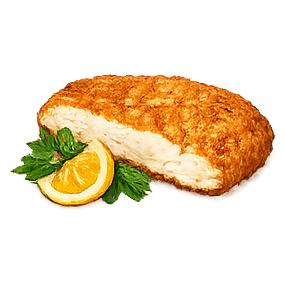 Breaded chicken cutlet with a lemon wedge and parsley