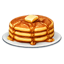 Stack of pancakes topped with butter and syrup