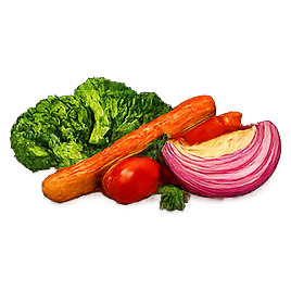Roasted vegetables including carrot, tomato, red onion and leafy greens
