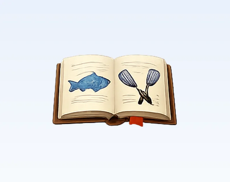 Illustration of a fish beside two fish spatulas on an open cookbook