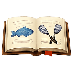Illustration of a fish beside two fish spatulas on an open cookbook