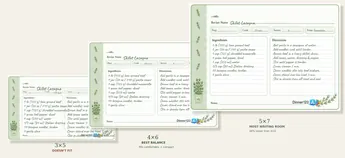 Three recipe card sizes compared side by side: 3x5, 4x6 and 5x7 cards holding the same recipe