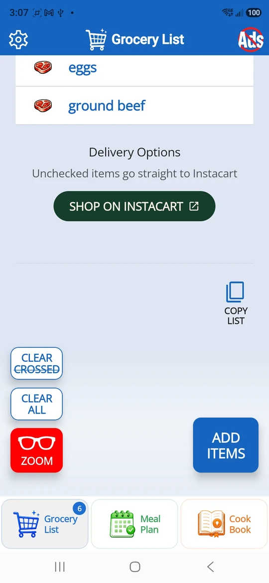 Dinner123 grocery delivery options with Shop on Instacart and Copy List controls