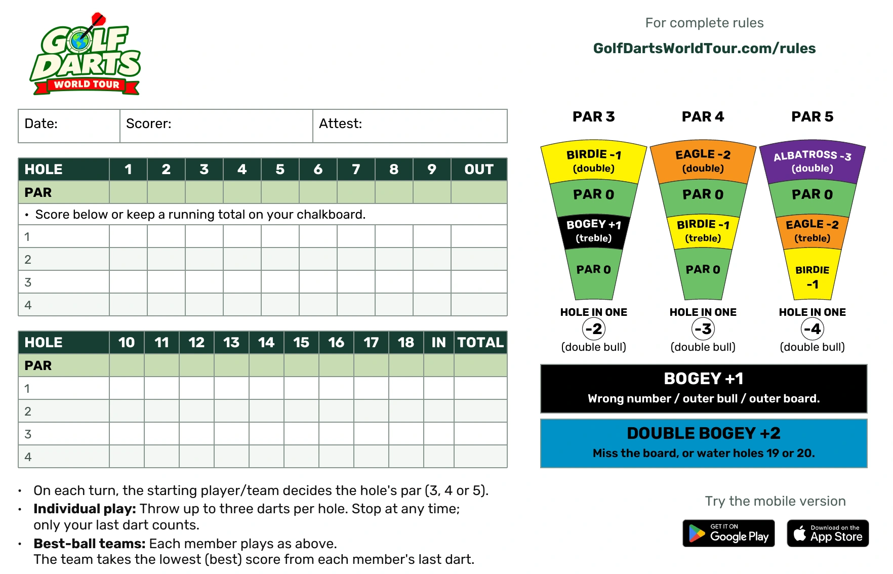 Blank Golf Darts scorecard with empty par rows and scoring guides for Par-3, Par-4 and Par-5