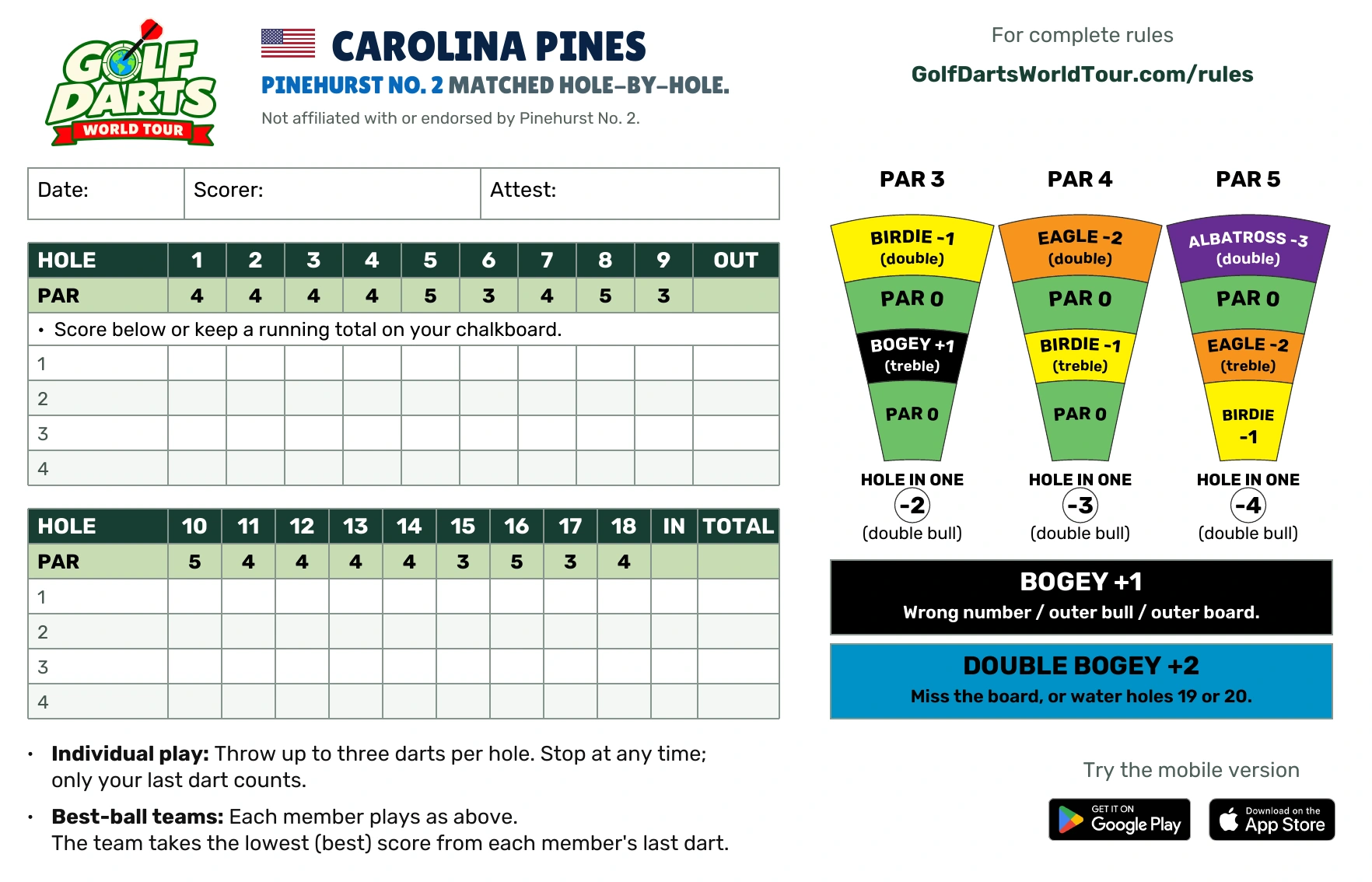 Carolina Pines Golf Darts scorecard with hole-by-hole pars and scoring guide