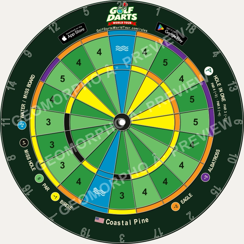 Coastal Pine dartboard design with coloured scoring wedges