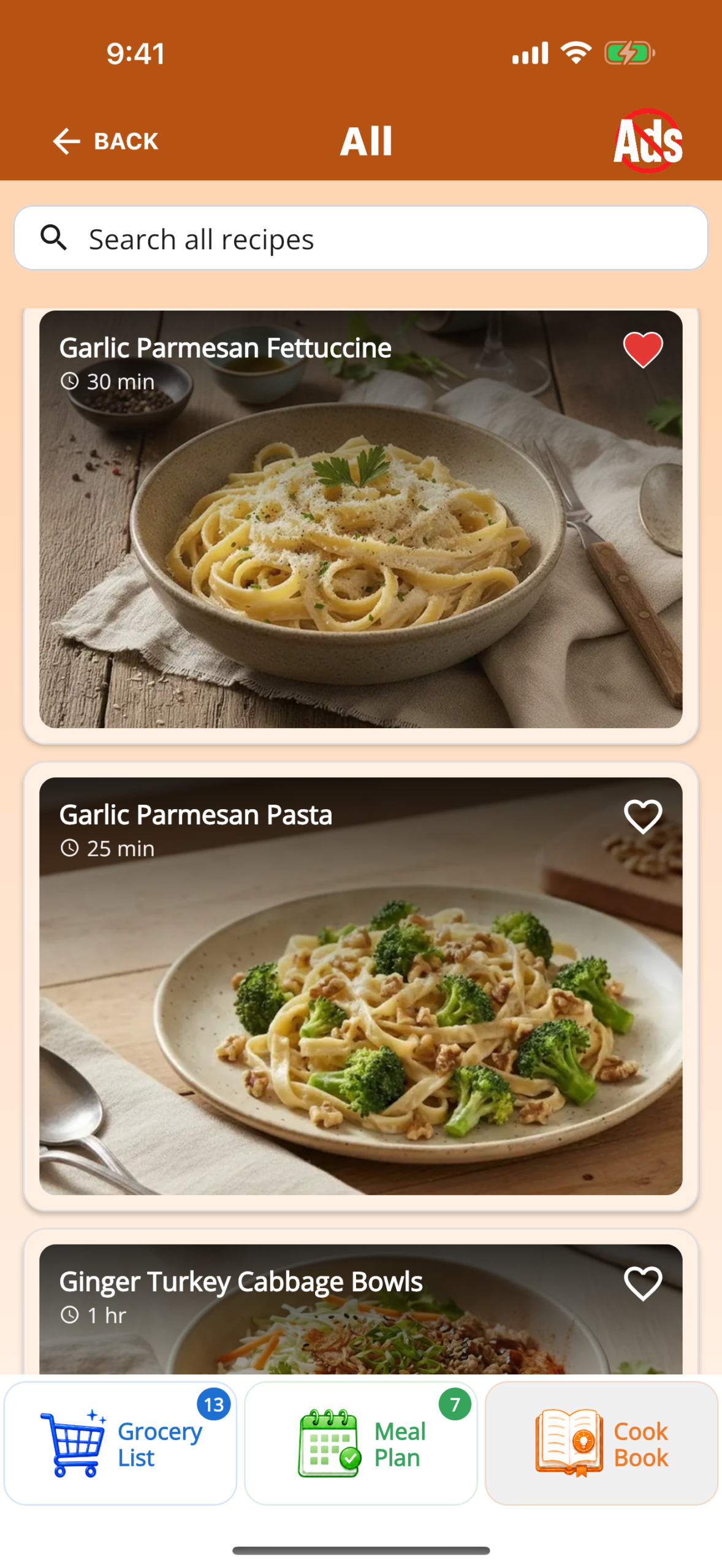 Dinner123 cookbook featuring Garlic Parmesan Fettuccine and Garlic Parmesan Pasta