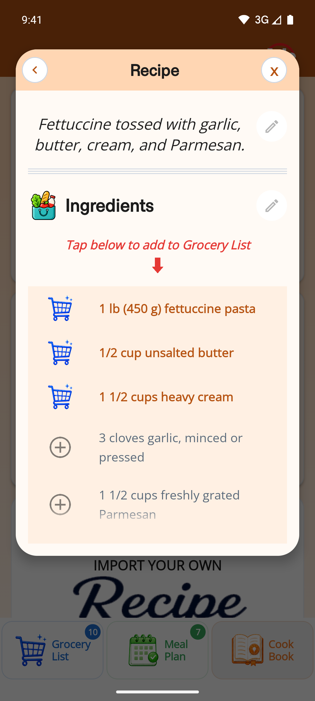 Dinner123 recipe ingredients with one-tap additions to the grocery list