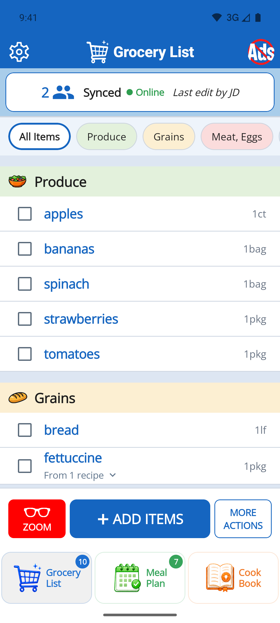 Dinner123 shared grocery list showing two users synced and online