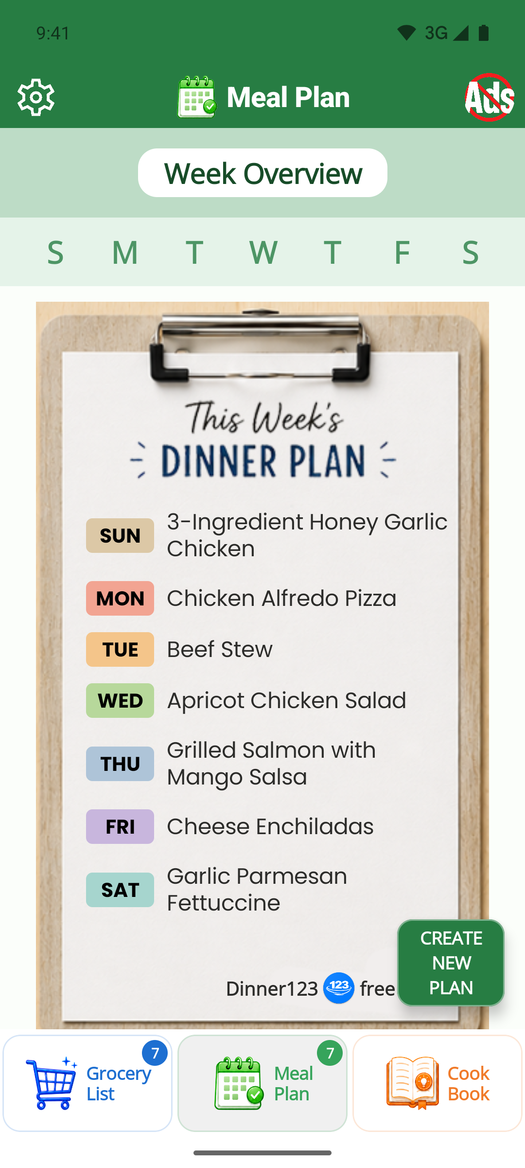 Dinner123 weekly meal plan with a dinner for each day