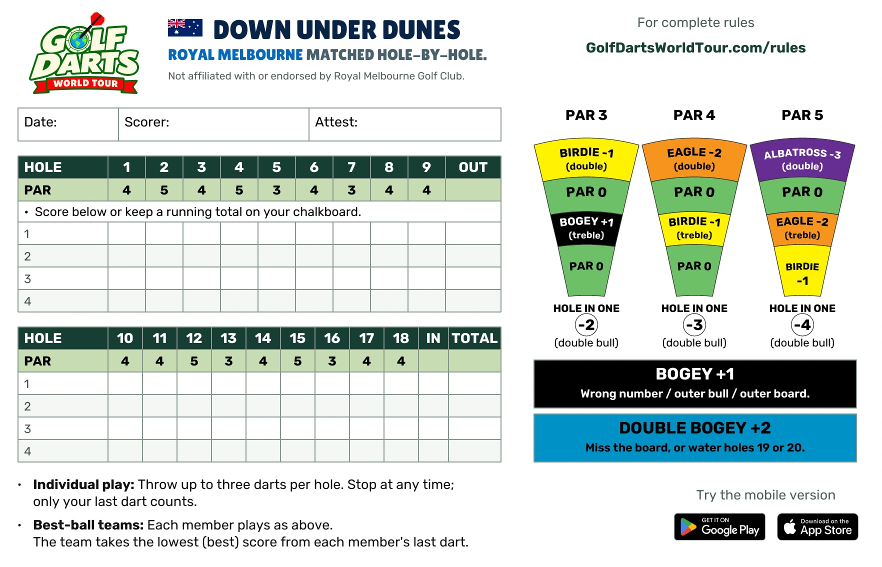 Down Under Dunes Golf Darts scorecard with hole-by-hole pars and scoring guide