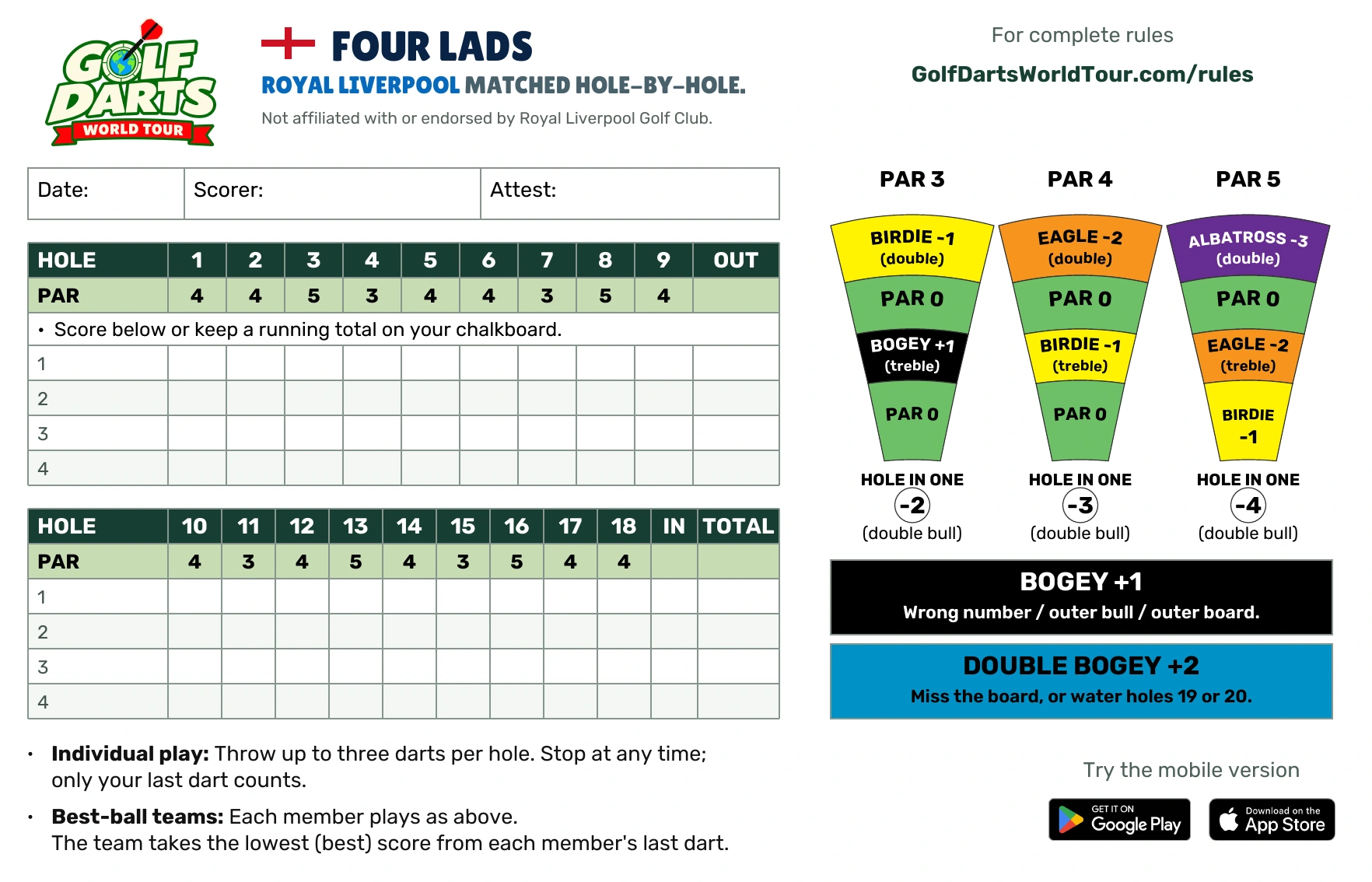Four Lads Golf Darts scorecard with hole-by-hole pars and scoring guide