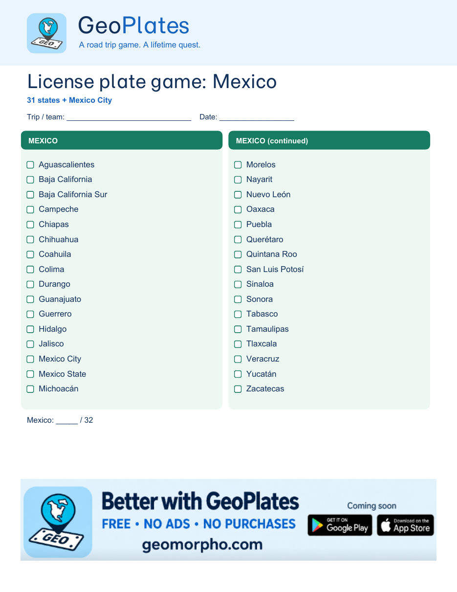 Page 2: green checklist of Mexico's 31 states plus Mexico City