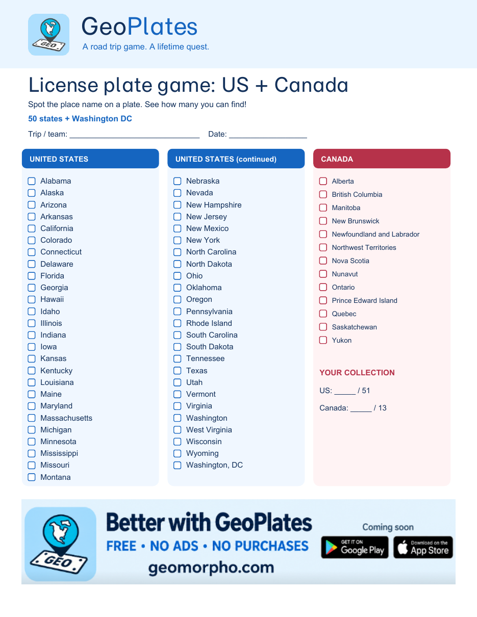 GeoPlates printable license plate checklist with blue US states and red Canadian provinces and territories