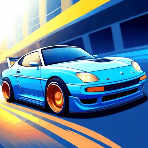 Animated blue car on a colourful road trip
